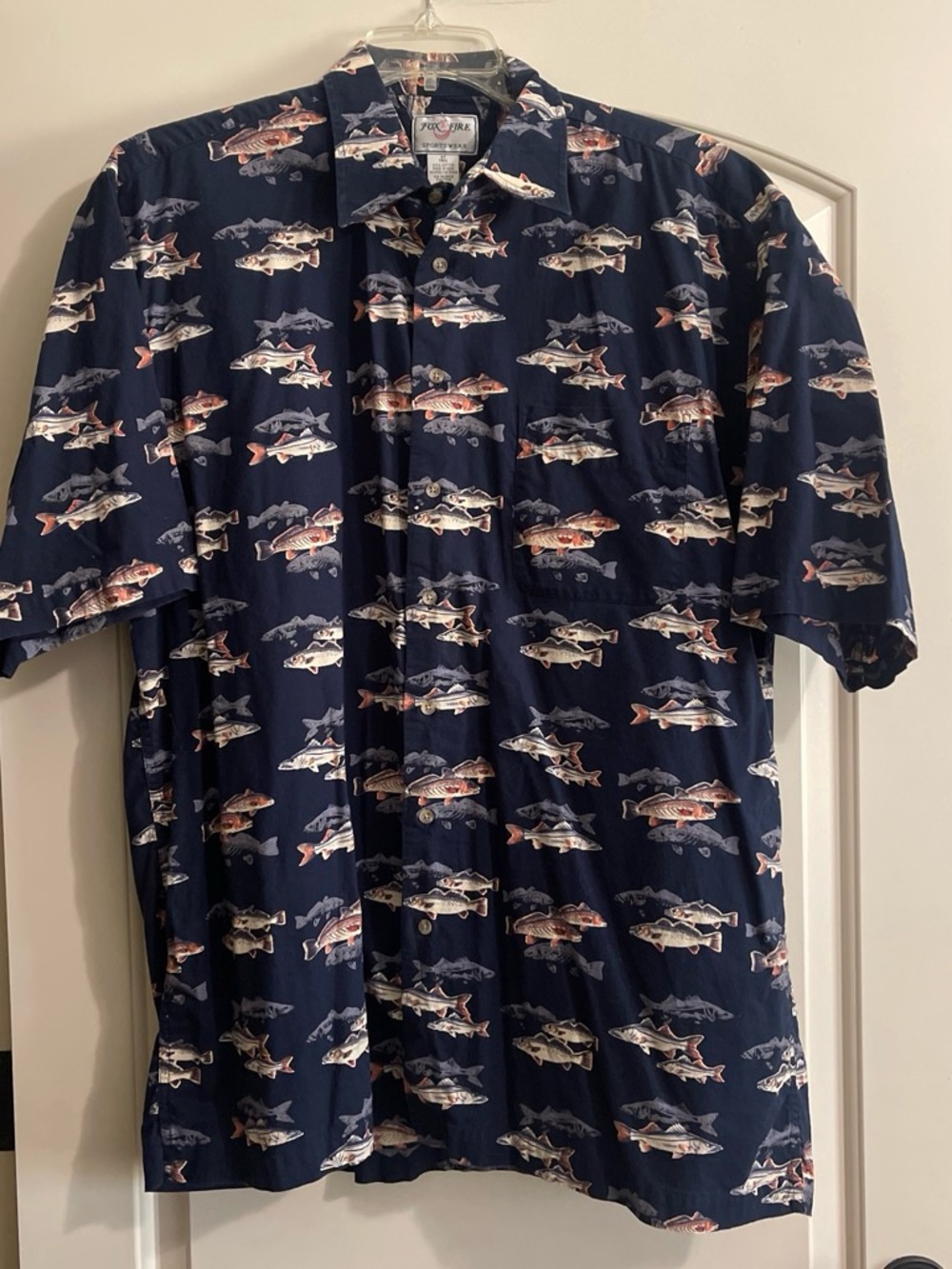 Fox Fire Navy Fish Pattern Short-Sleeve Button-Up Shirt XL TALL